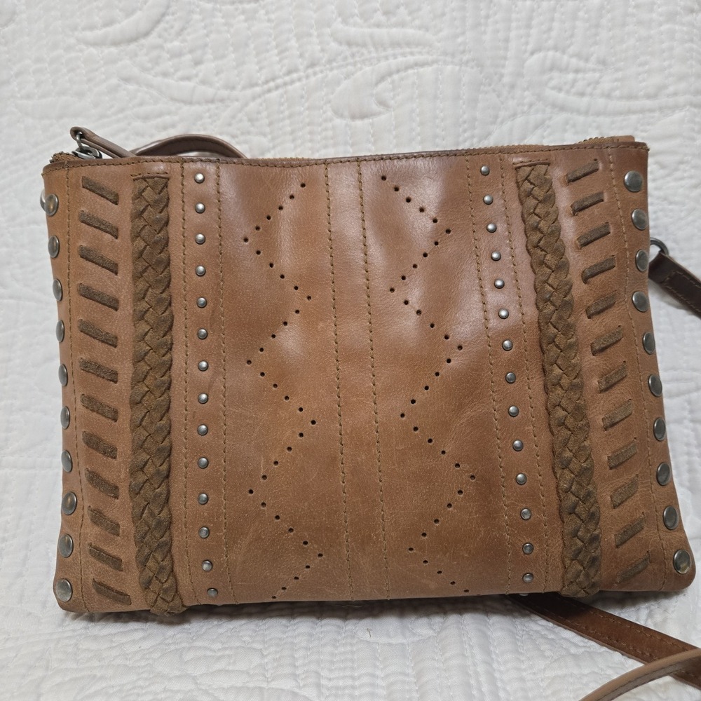 Lucky Brand Brown Leather Crossbody Bag Braided Studded Boho Triple Compartment